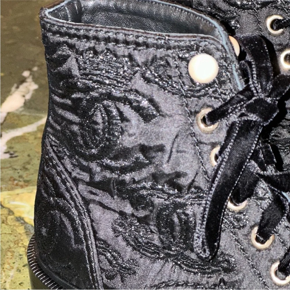Chanel black shimmer logo pearl lace-up boots. New in the box. - Picture 2 of 8